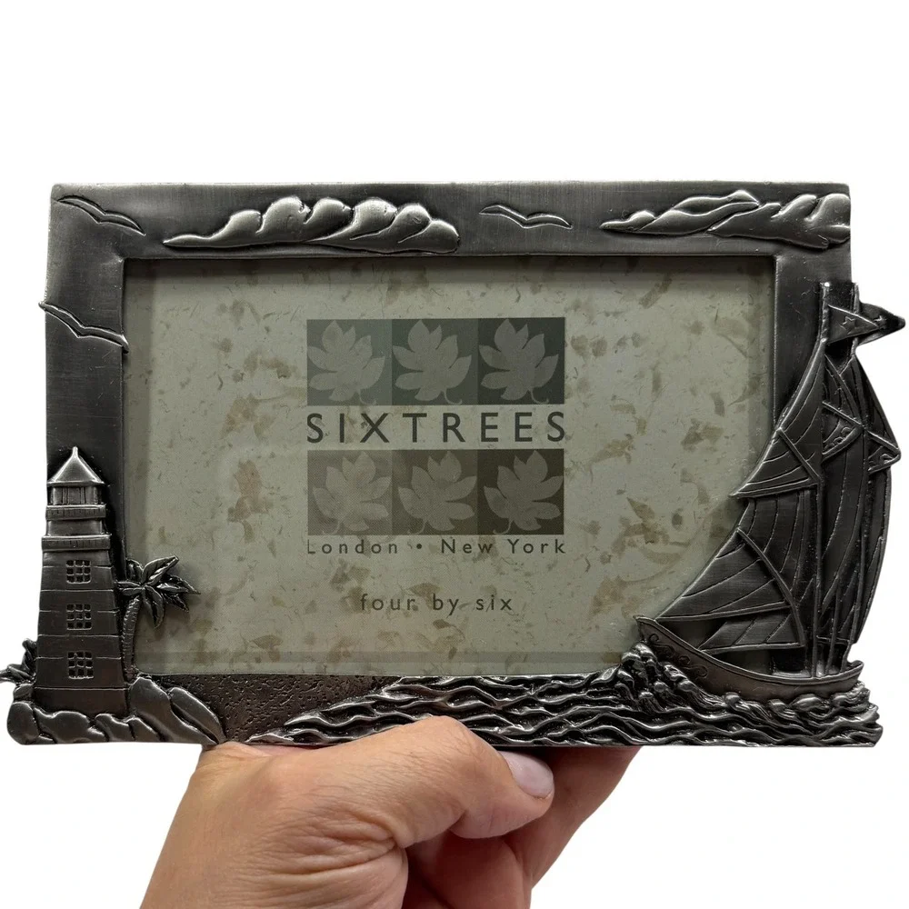 Sixtrees Nautical Pewter Tone 4x6 Picture Frame Lighthouse Sailboat Coastal